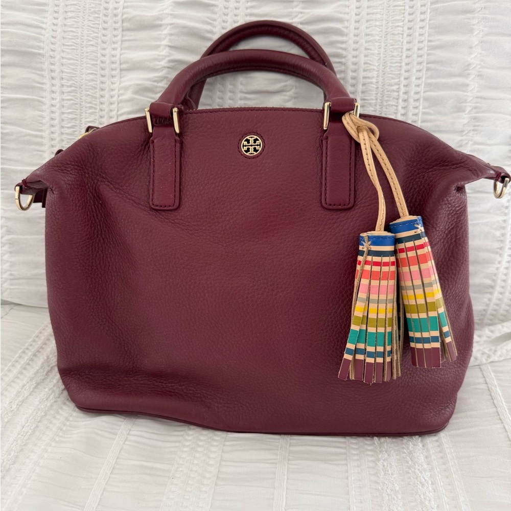 Tory Burch Maroon Leather Satchel with Tassels